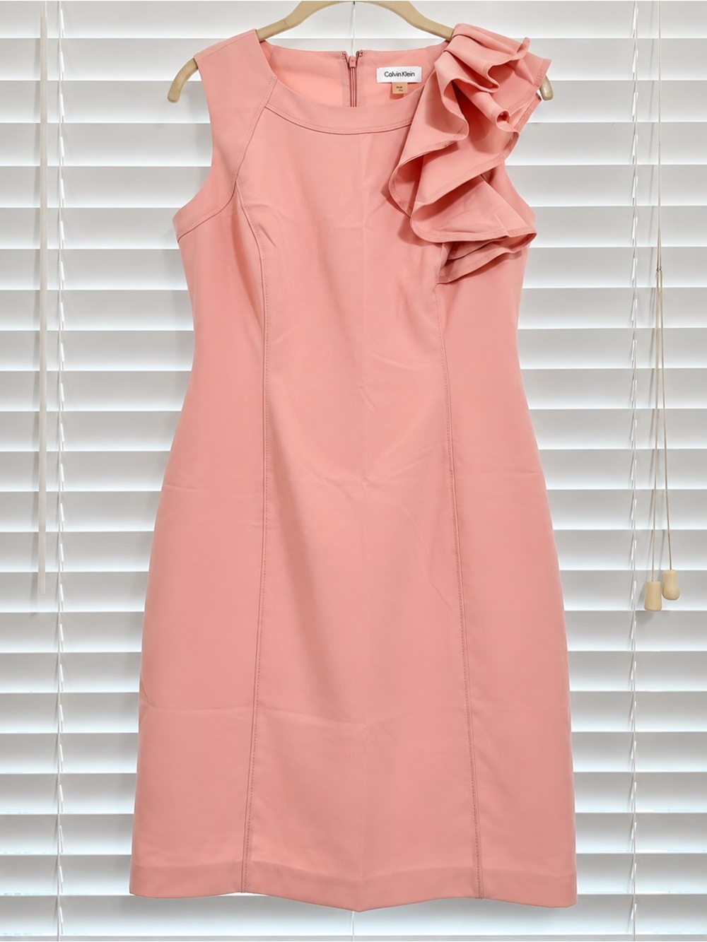 Calvin Klein Coral Pink One-Shoulder Ruffle Sheath Dress